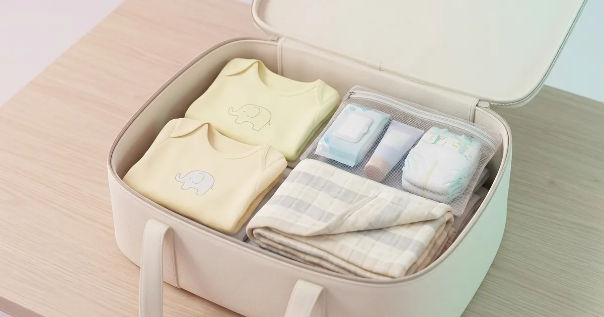 Future maman préparant sereinement son sac de maternité ouvert sur le lit, avec vêtements de bébé pliés et pochette de papiers
