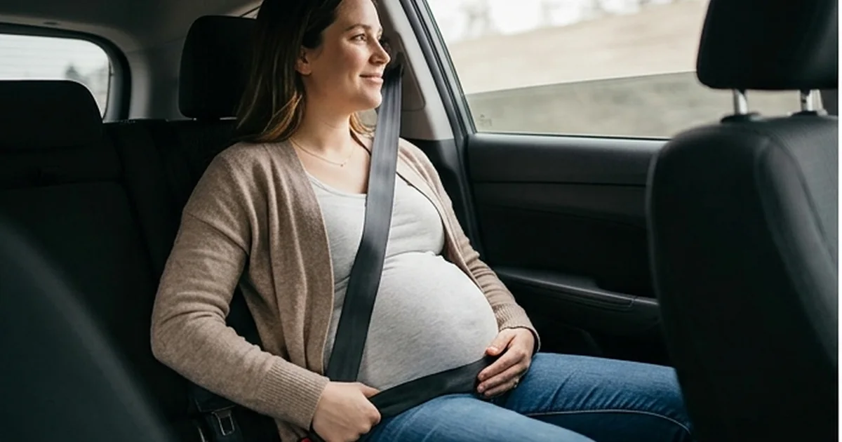 A pregnant driver with the lap belt worn low under the bump and the diagonal strap between the breasts