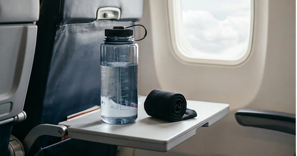 A pregnant traveller drinking water and wearing compression stockings during a journey