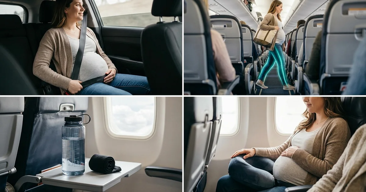 A pregnant woman with a small suitcase, ready to travel by car or plane