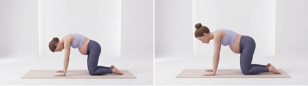 A cat-cow sequence on all fours in two panels: back rounded on the exhale and back opened on the inhale