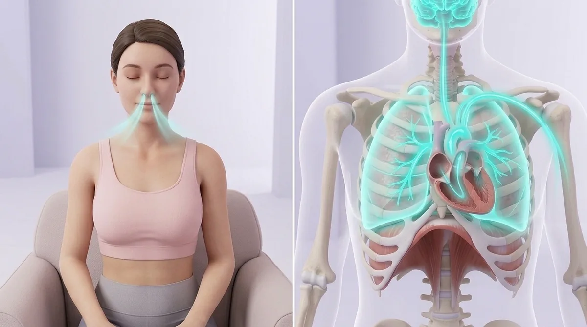 A pregnant woman breathing deeply through her nose, with an anatomical illustration of the lungs and diaphragm