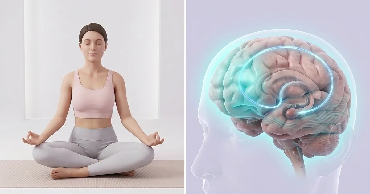 A pregnant woman meditating in lotus pose, with an anatomical illustration of a calm brain